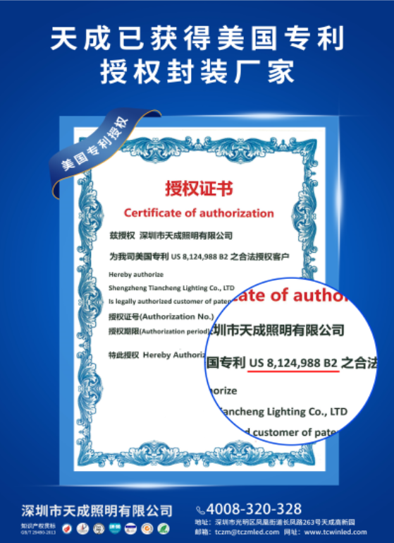TCWIN obtained the US8124988B2 magic lamp bead patent authorization factory from SiCheng Technology